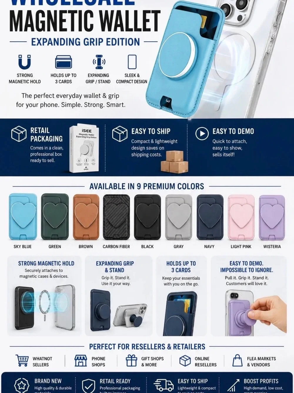 Magnetic Wallet & Expanding Grip Card Holder. Multiple colors available